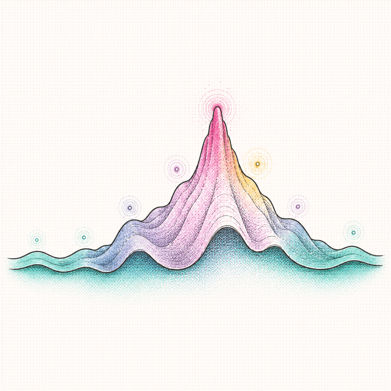 Illustrated curve rising into a peak then settling back to calm