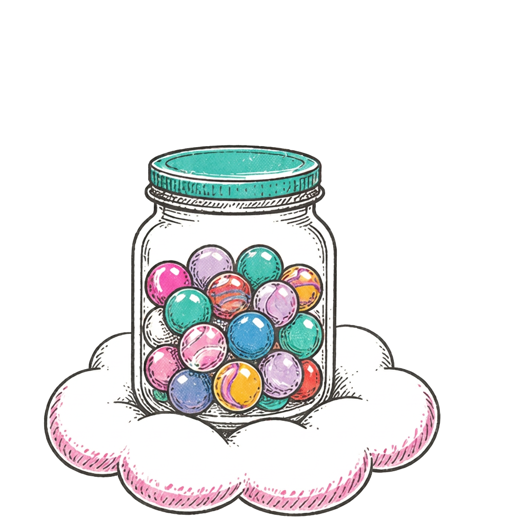 Jar of marbles resting on a cloud